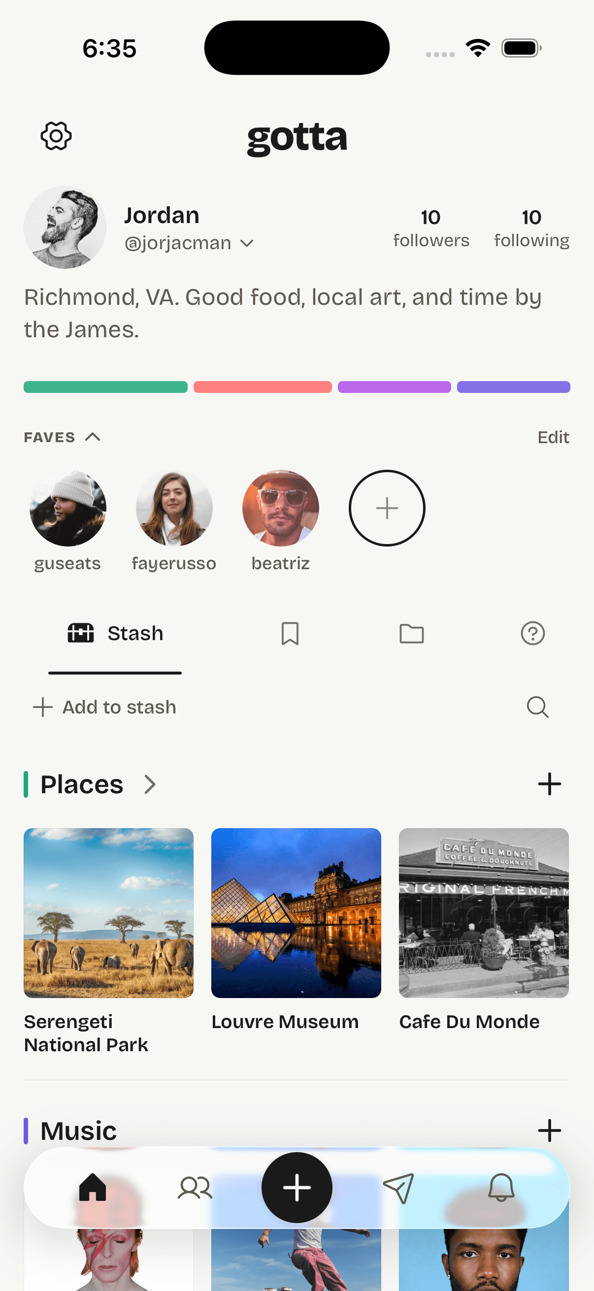 A gotta profile showing the user’s stash, favorite people, and taste categories