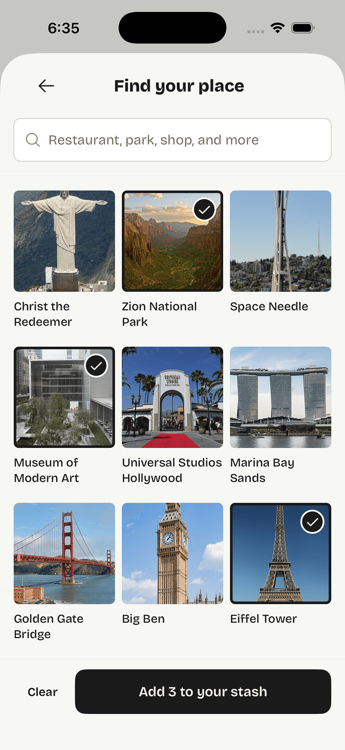 The gotta Stash category picker for Places, Shows, Music, Movies, Books, Podcasts, and Games