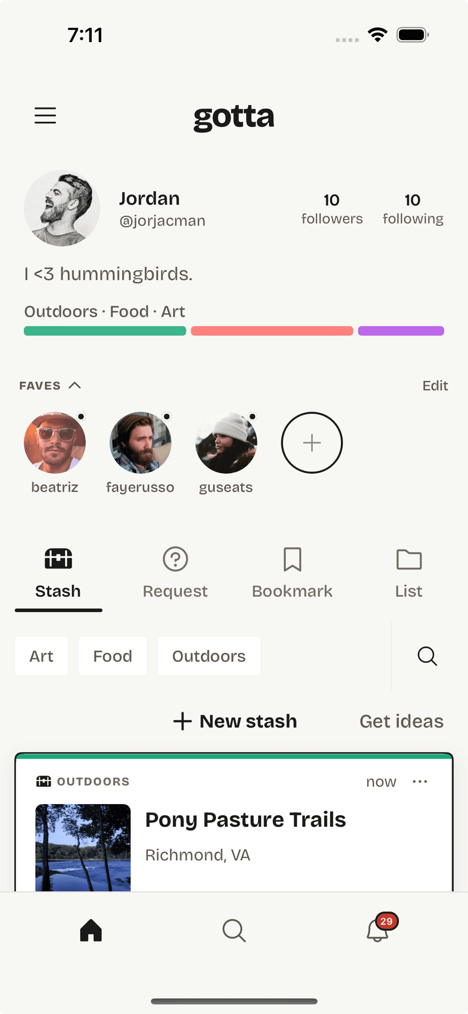 A gotta profile with a stash, favorite people, and taste categories